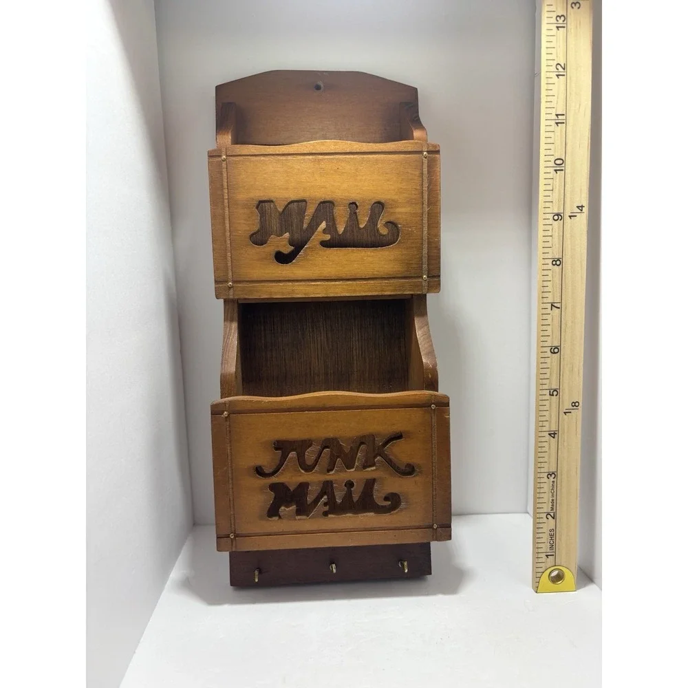 Vintage Wood, Wall Hanging Letter Holder, Office‎ MAIL HOLDER Junk Mail